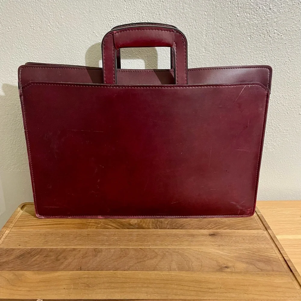 Vintage Leather Briefcase Oxblood Dual Handle Zip Structured Work Organizer